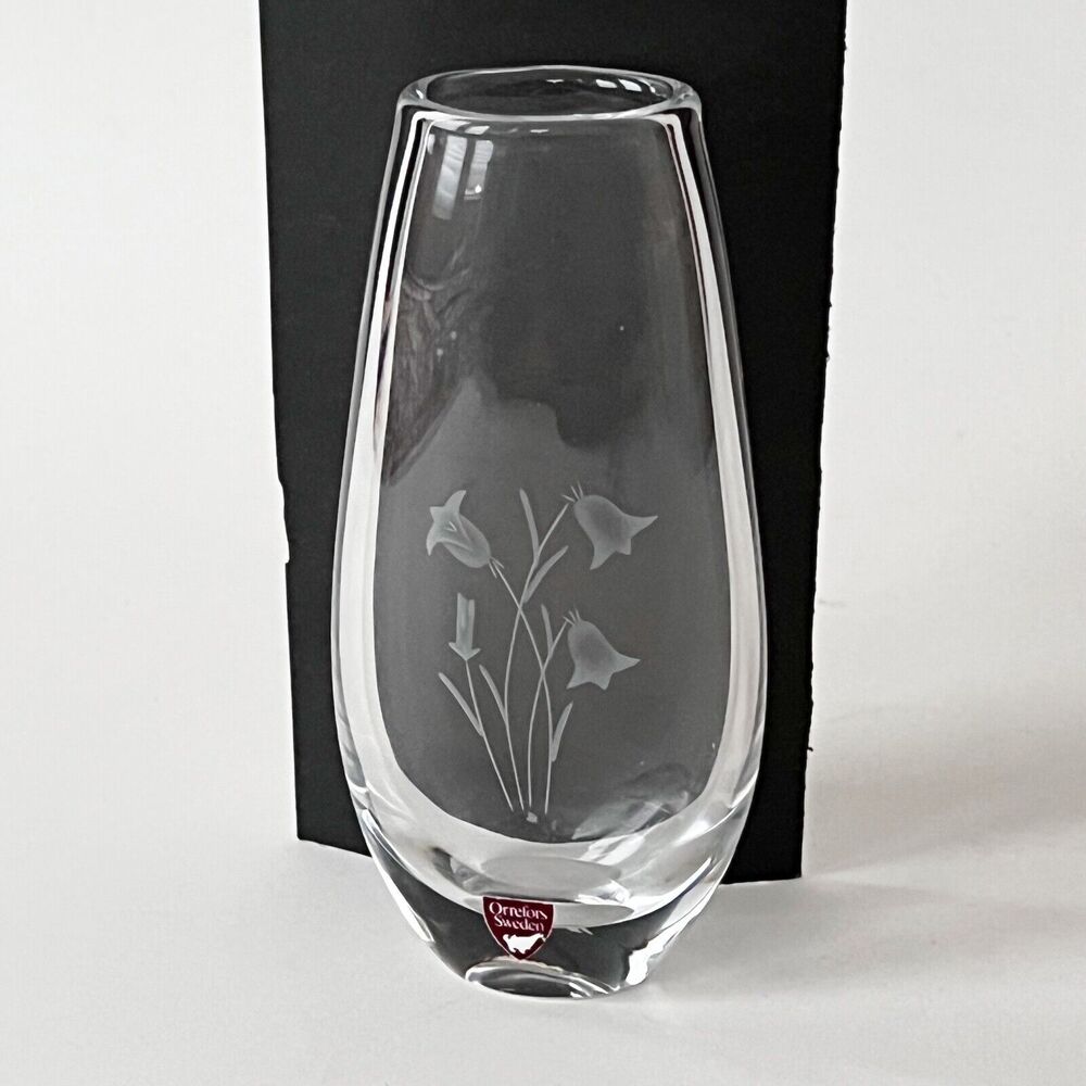 Signed Orrefors Sweden Crystal Glass Etched Flower Bud Vase 6.5" Tall